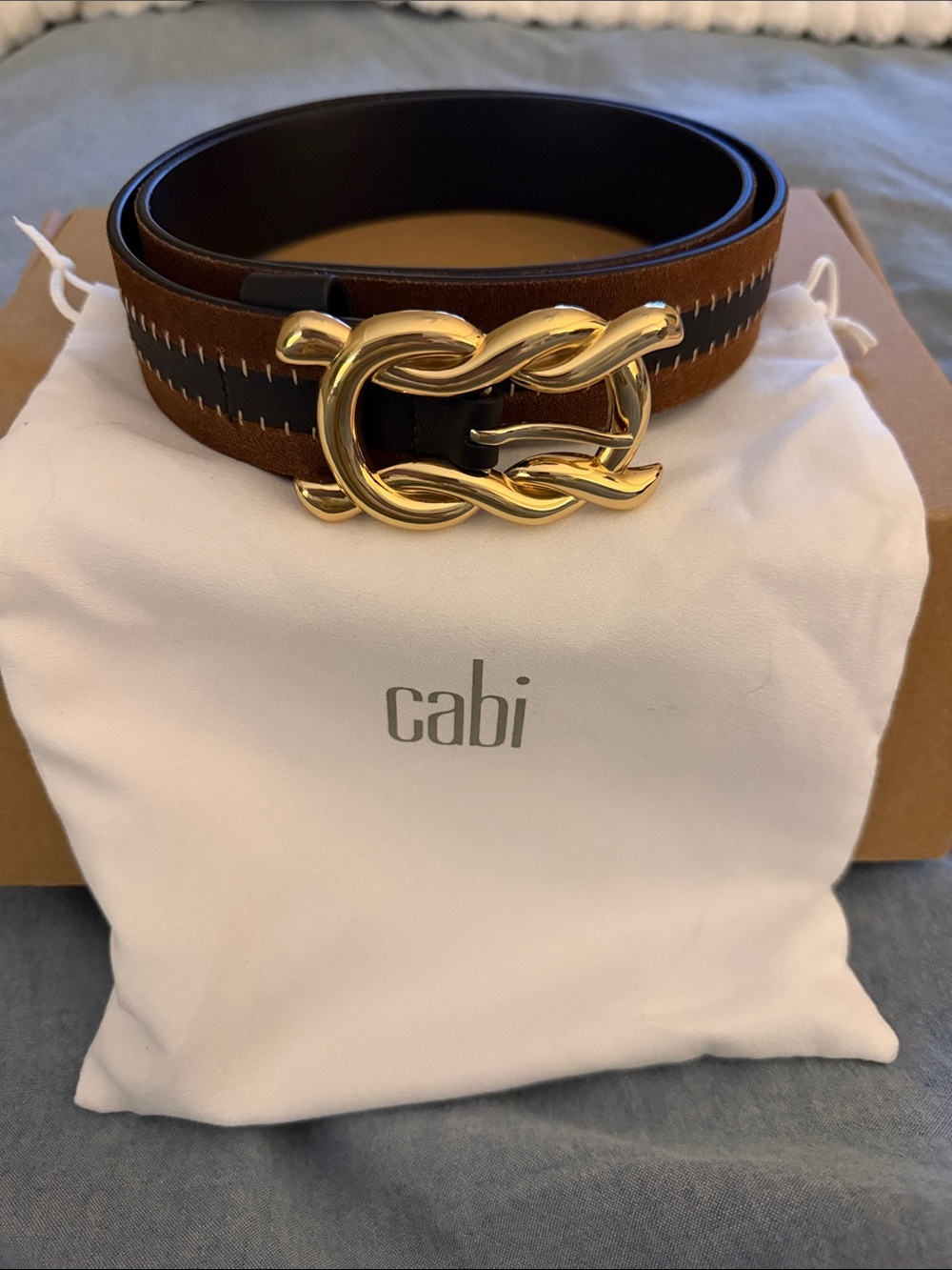 Cabi Women’s Brown and Black Suede and Leather Belt with Gold Twist Buckle